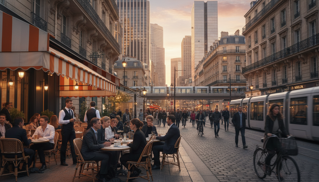 Terrasse de café français moderne et traditionnel mélangés