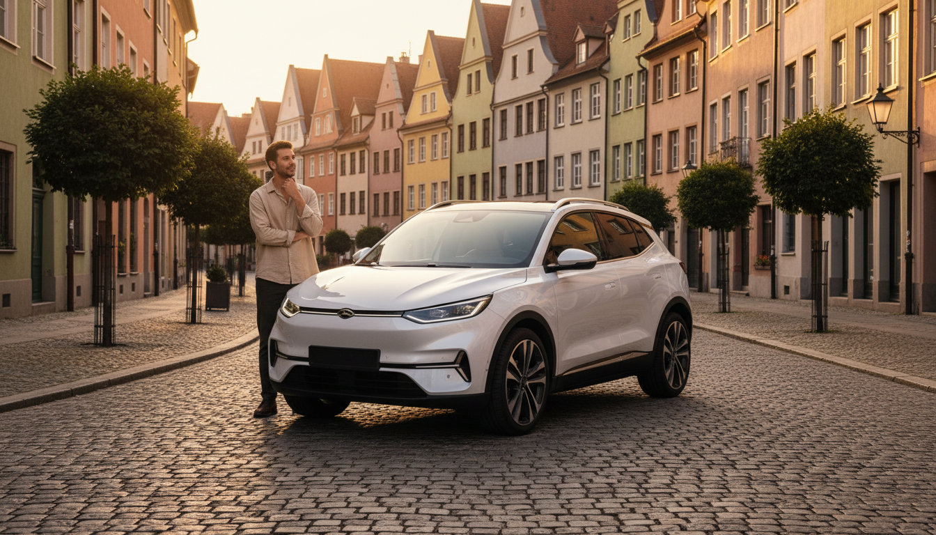 SUV compact électrique Tesla dans une rue européenne