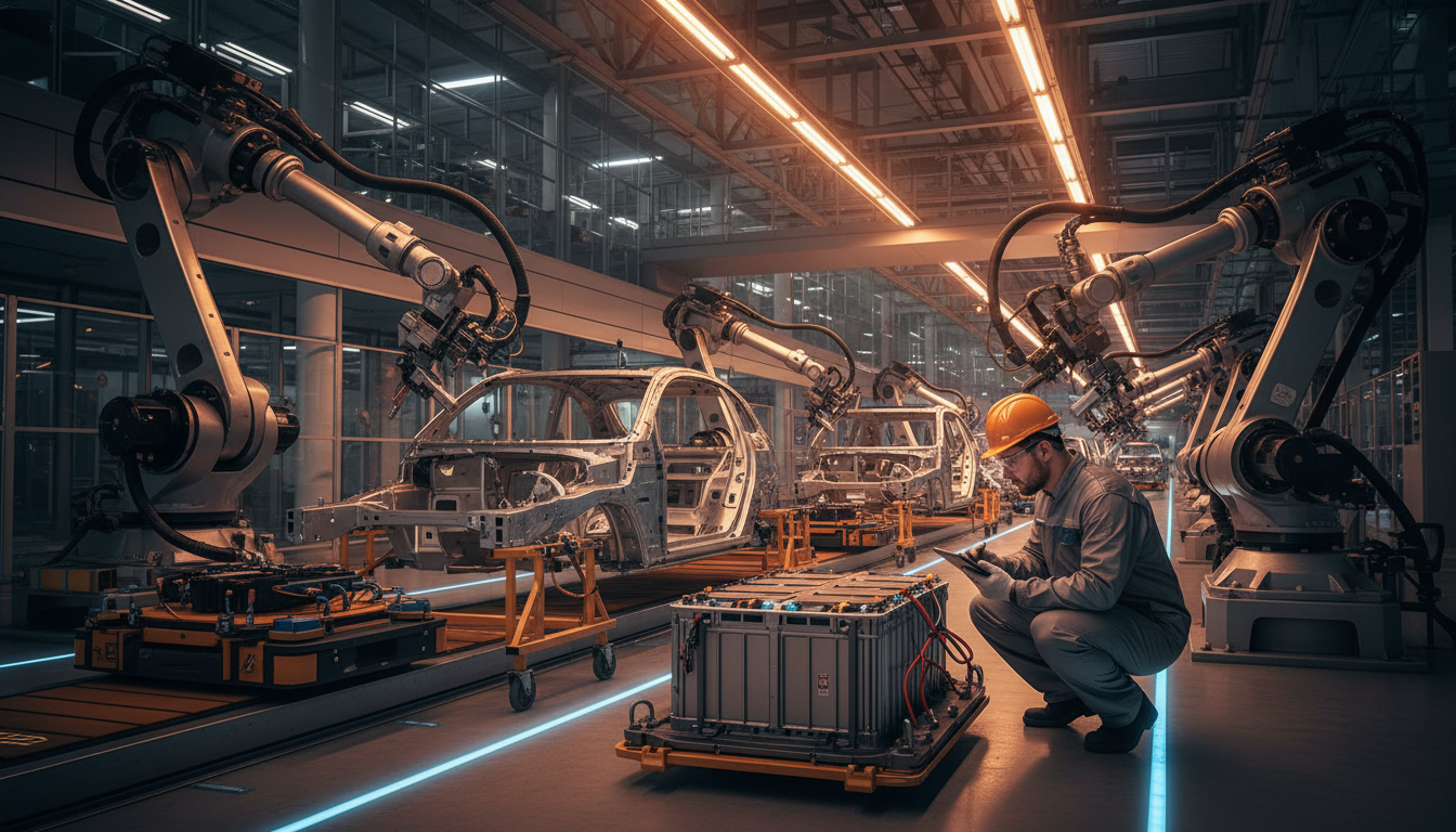 Chaîne de production automobile avec assemblage de batteries