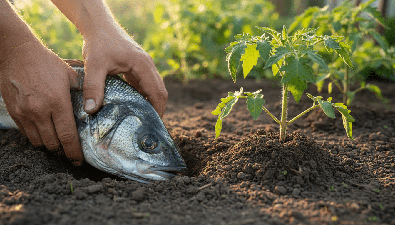 Tête de poisson fraîche posée sur la terre du potager