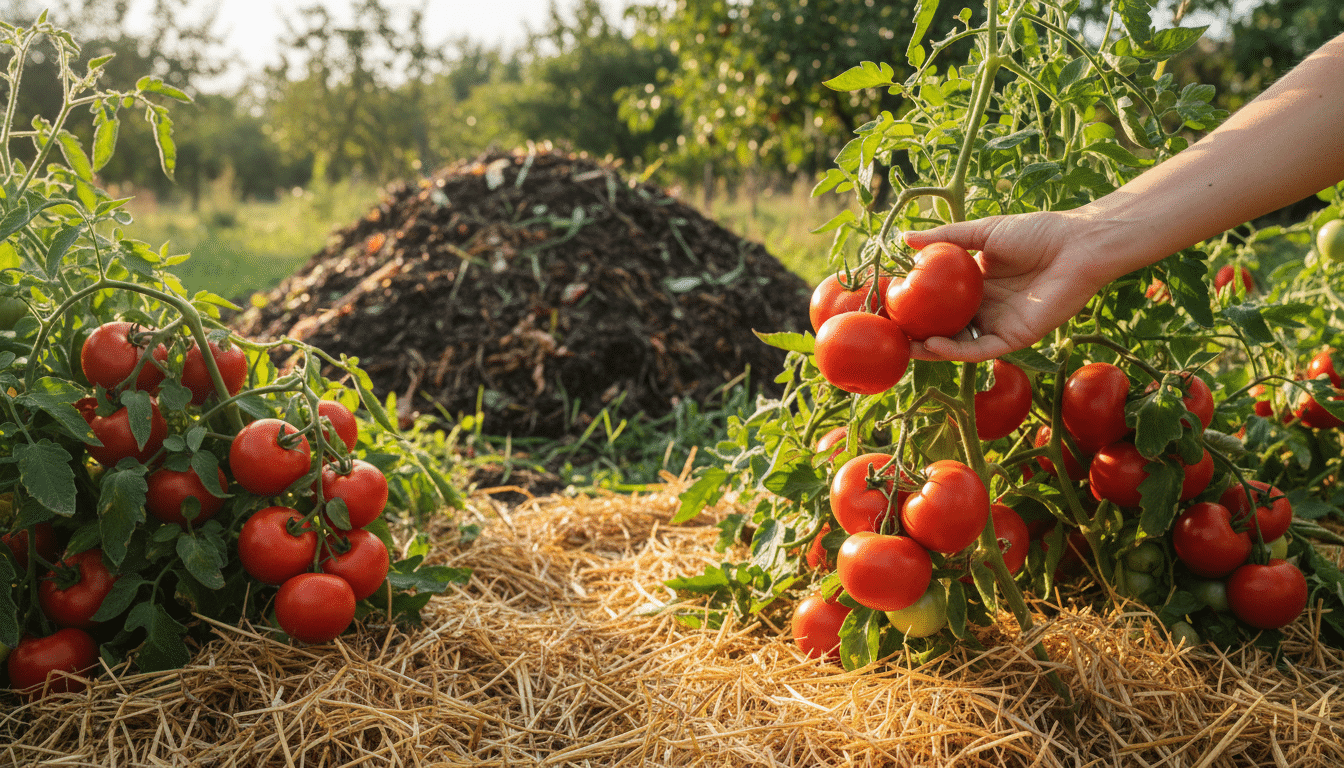 Tomates rouges mûres sur pied avec paillage au potager