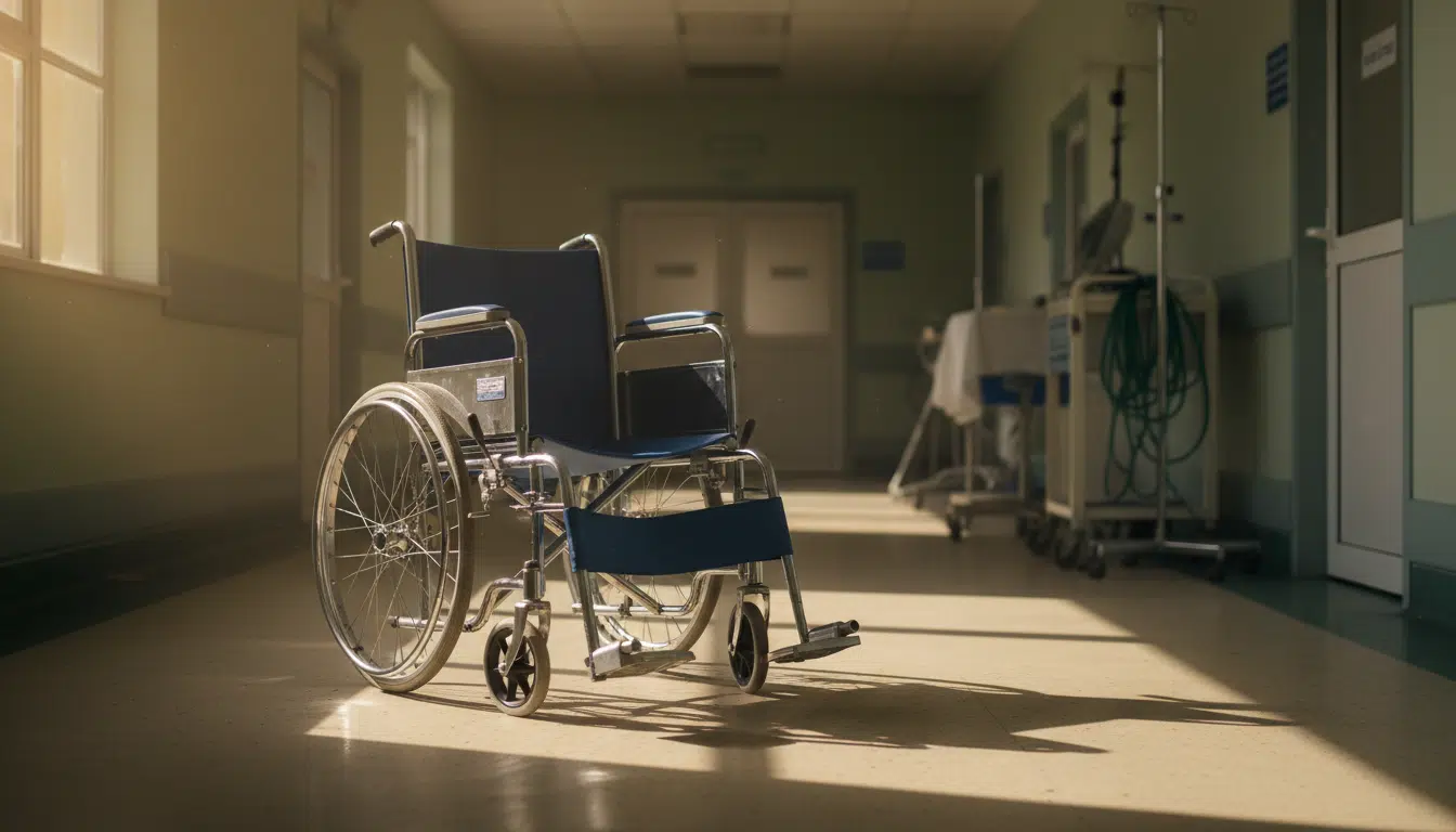 Fauteuil roulant vide dans un couloir d'hôpital pédiatrique