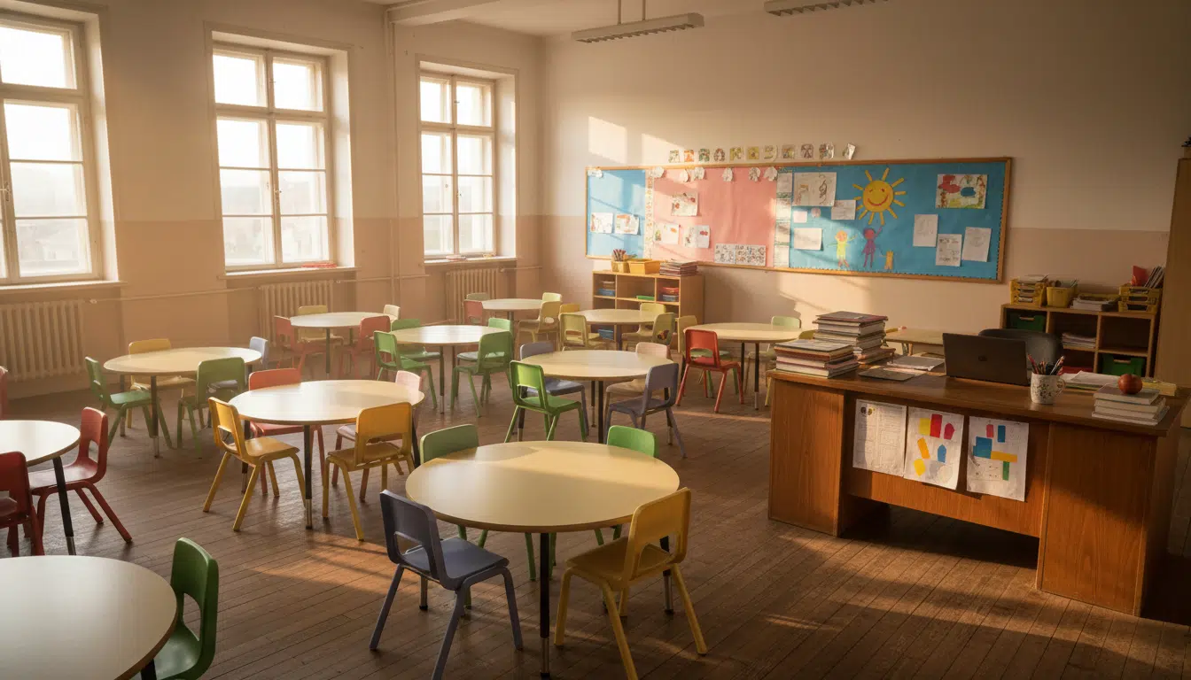 Salle de classe vide d'école maternelle éclairée par le soleil