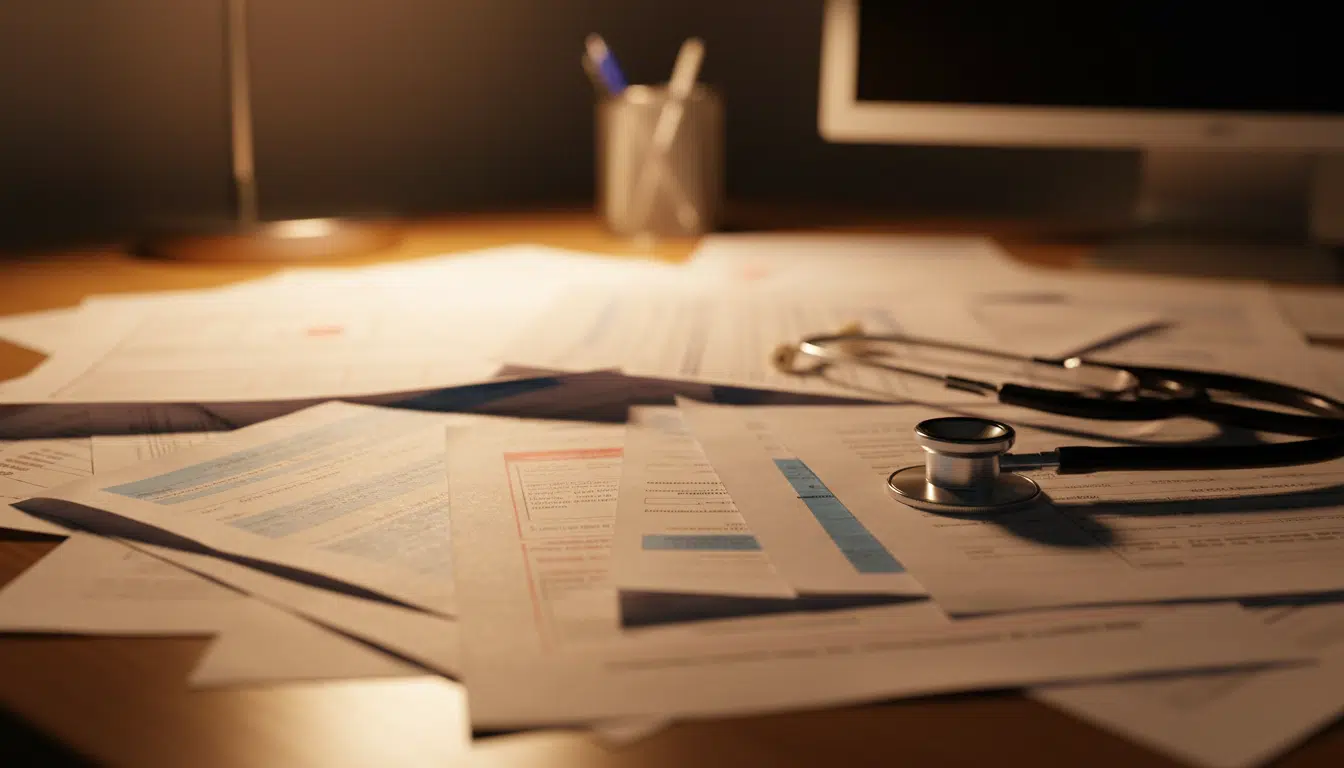 Documents médicaux et stéthoscope sur un bureau d'hôpital
