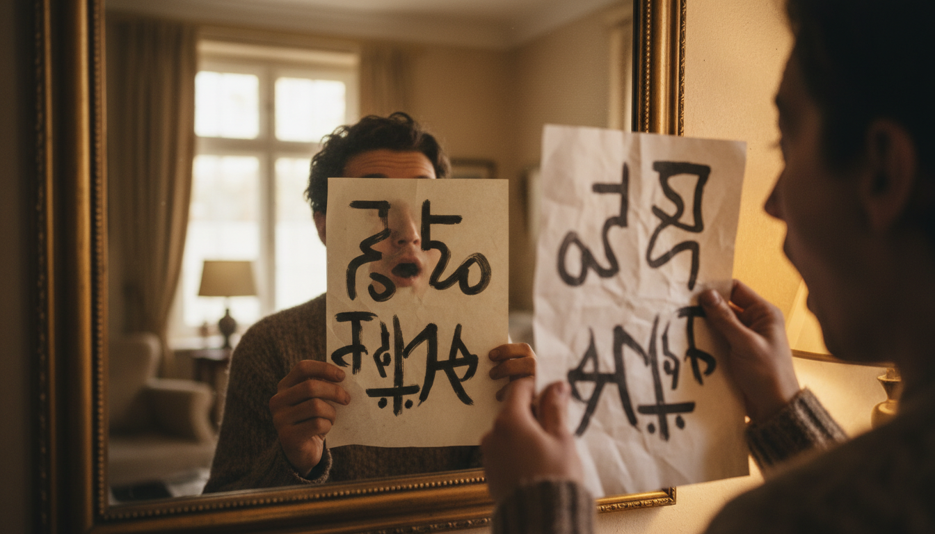 texte inversé dans un miroir tenu à la main