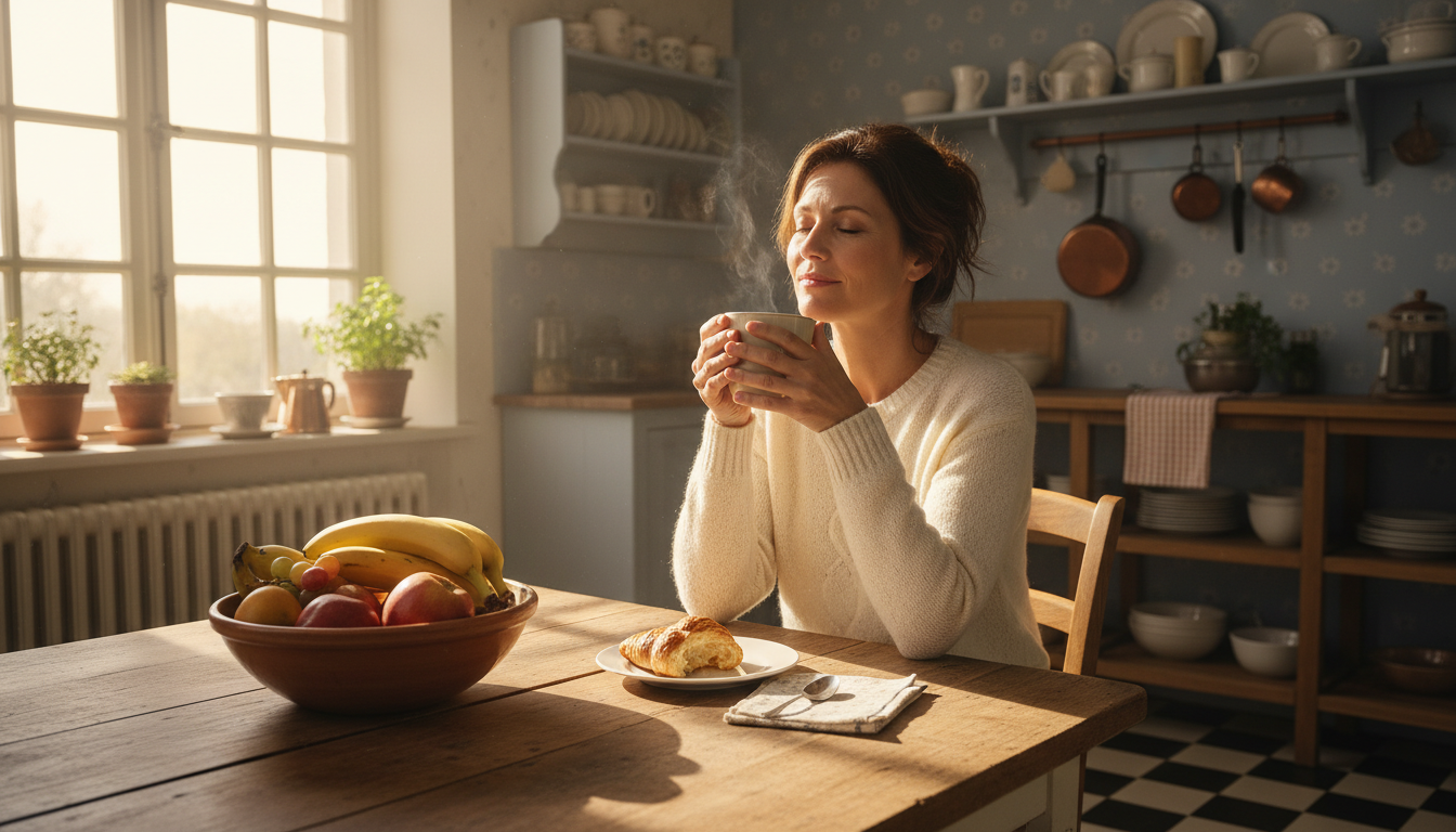 Personne savourant une boisson chaude le matin