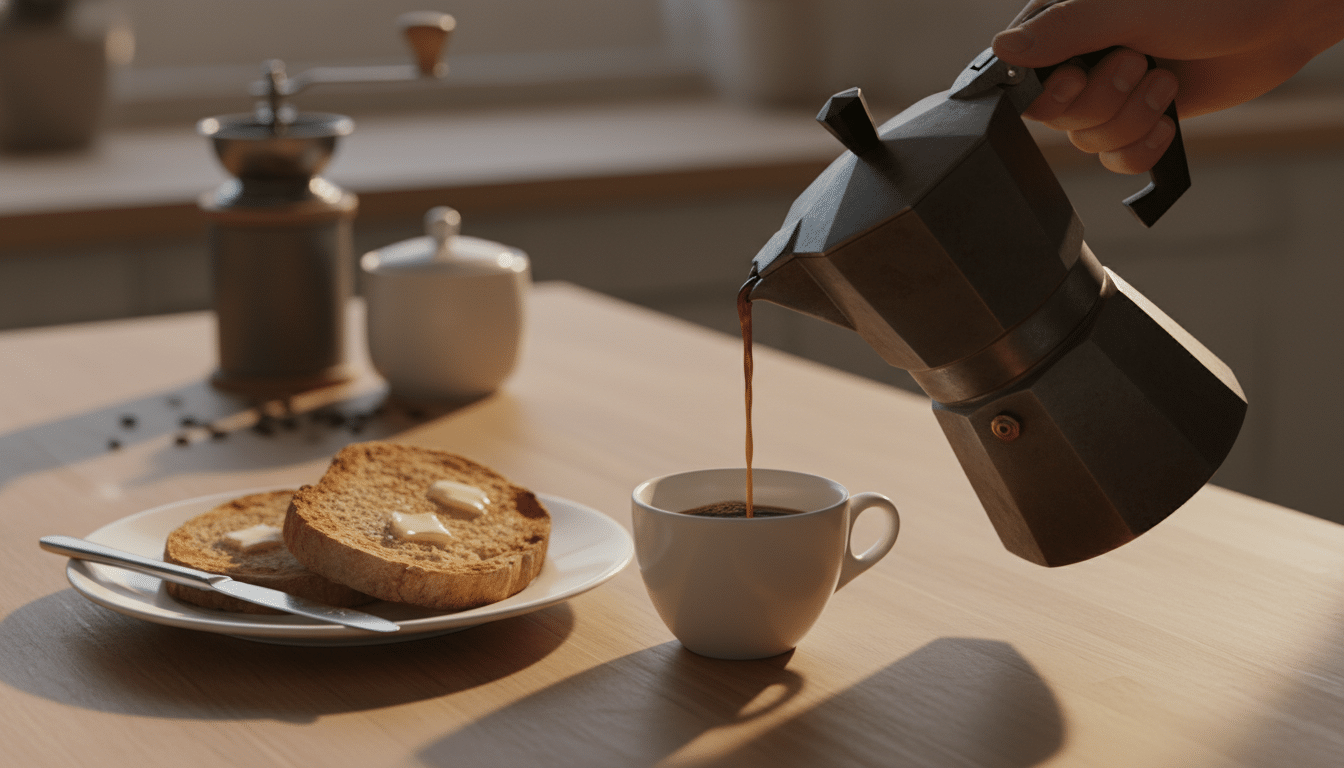Café expresso versé dans une tasse au petit-déjeuner