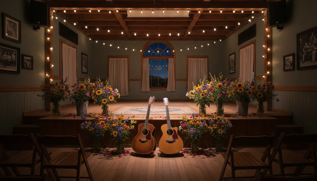 Scène de concert vide avec fleurs en hommage à Dylan Carter à Moncks Corner