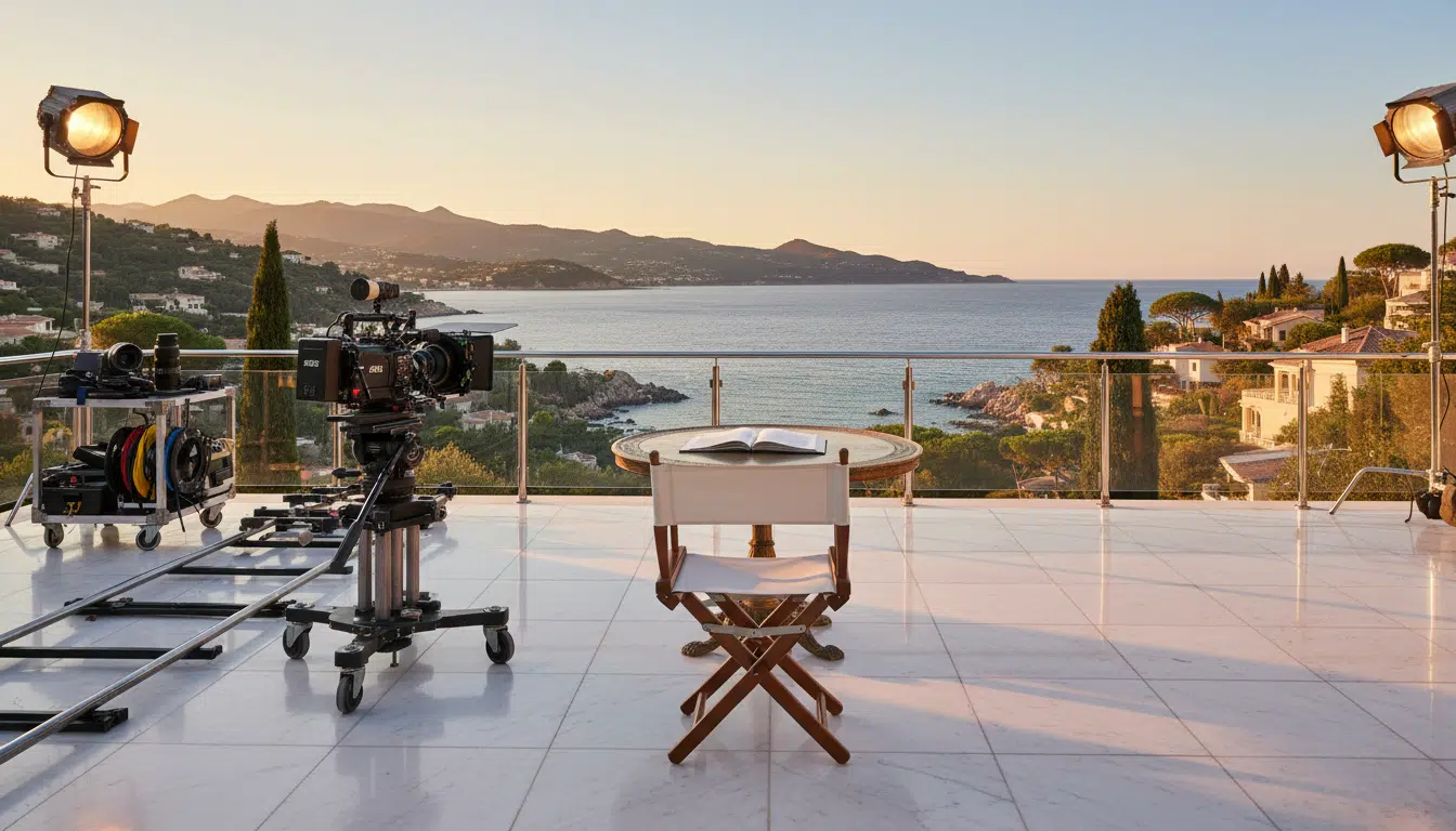 Chaise de réalisateur vide sur un plateau de tournage face à la Méditerranée