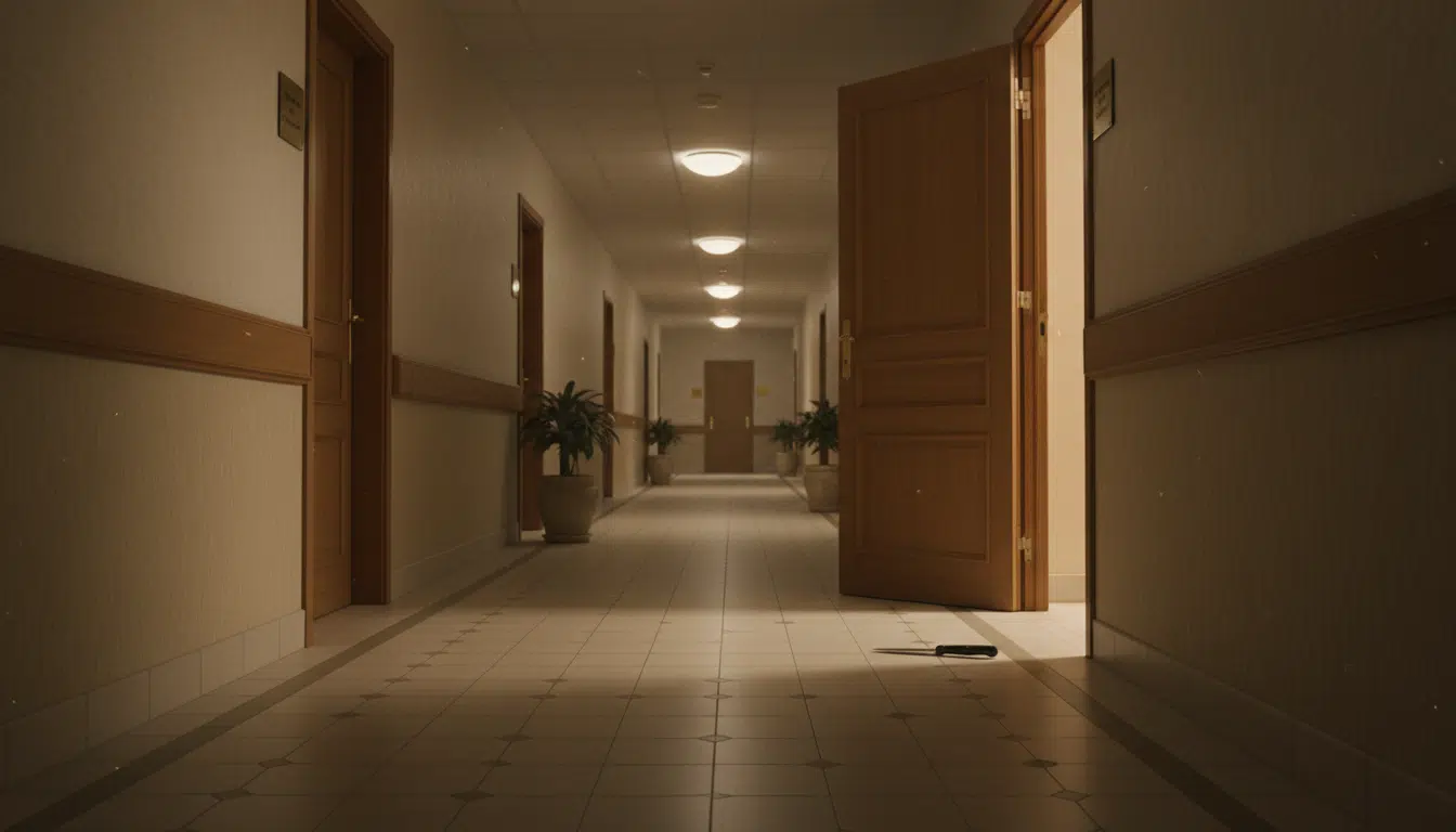 Couloir d'une résidence avec un couteau au sol après une altercation