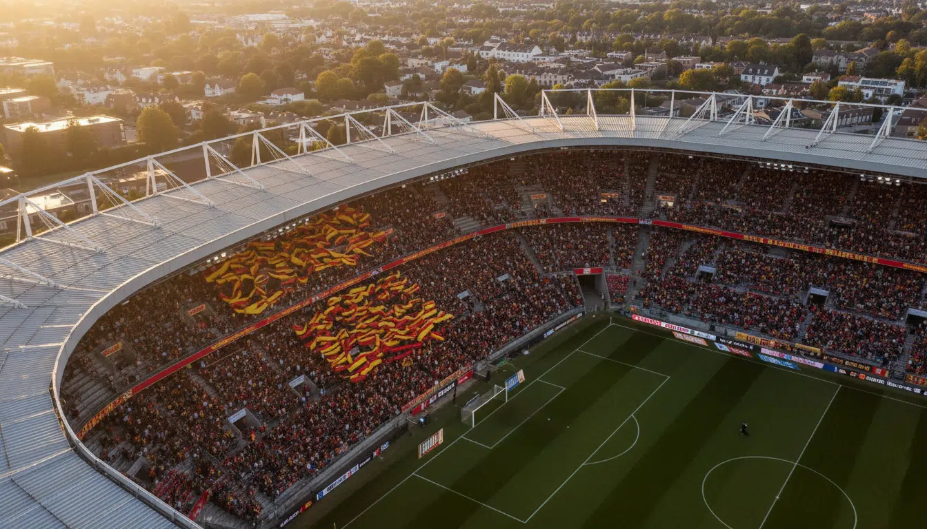 Stade Bollaert-Delelis de Lens en jour de match, ambiance rouge et or