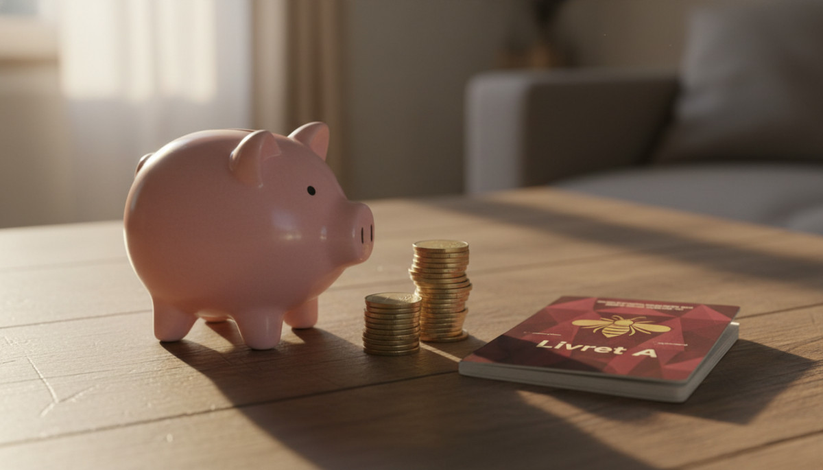 Tirelire et pièces d'euros sur une table en bois