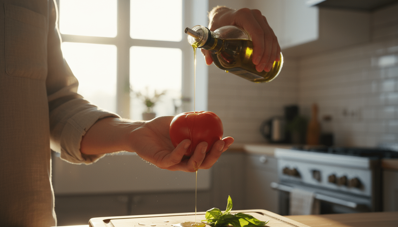 Personne versant de l'huile d'olive sur une tomate en cuisine