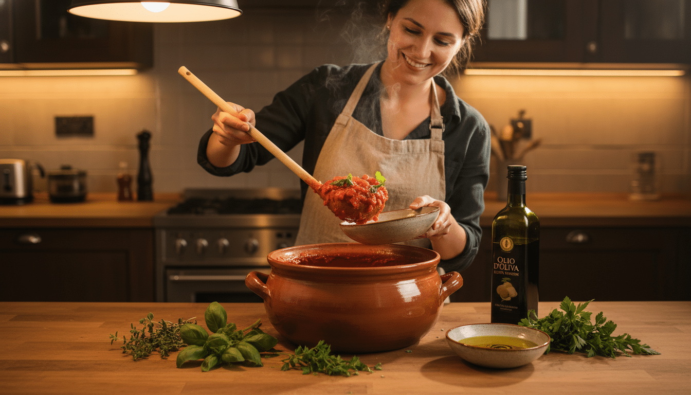 Sauce tomate maison servie avec huile d'olive et herbes fraîches