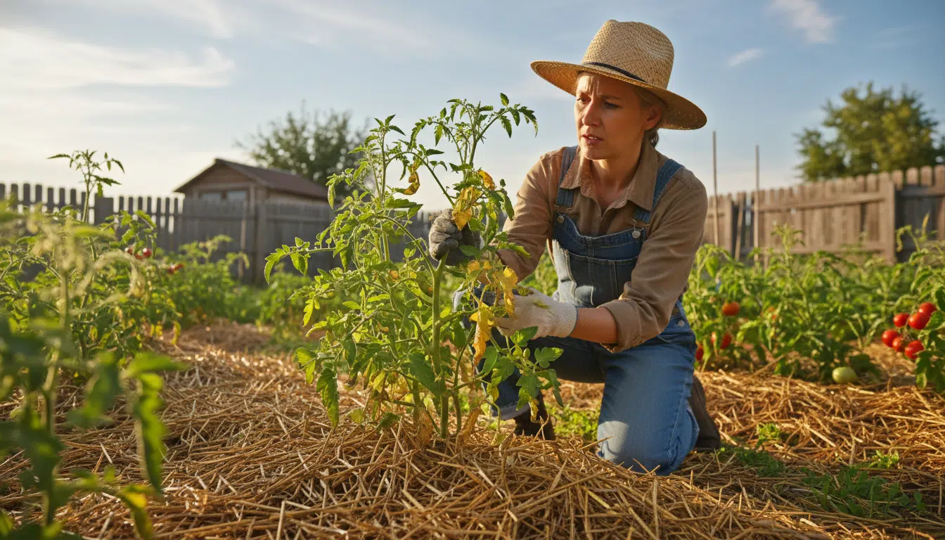Jardinier examinant des feuilles jaunies sur un plant de tomate