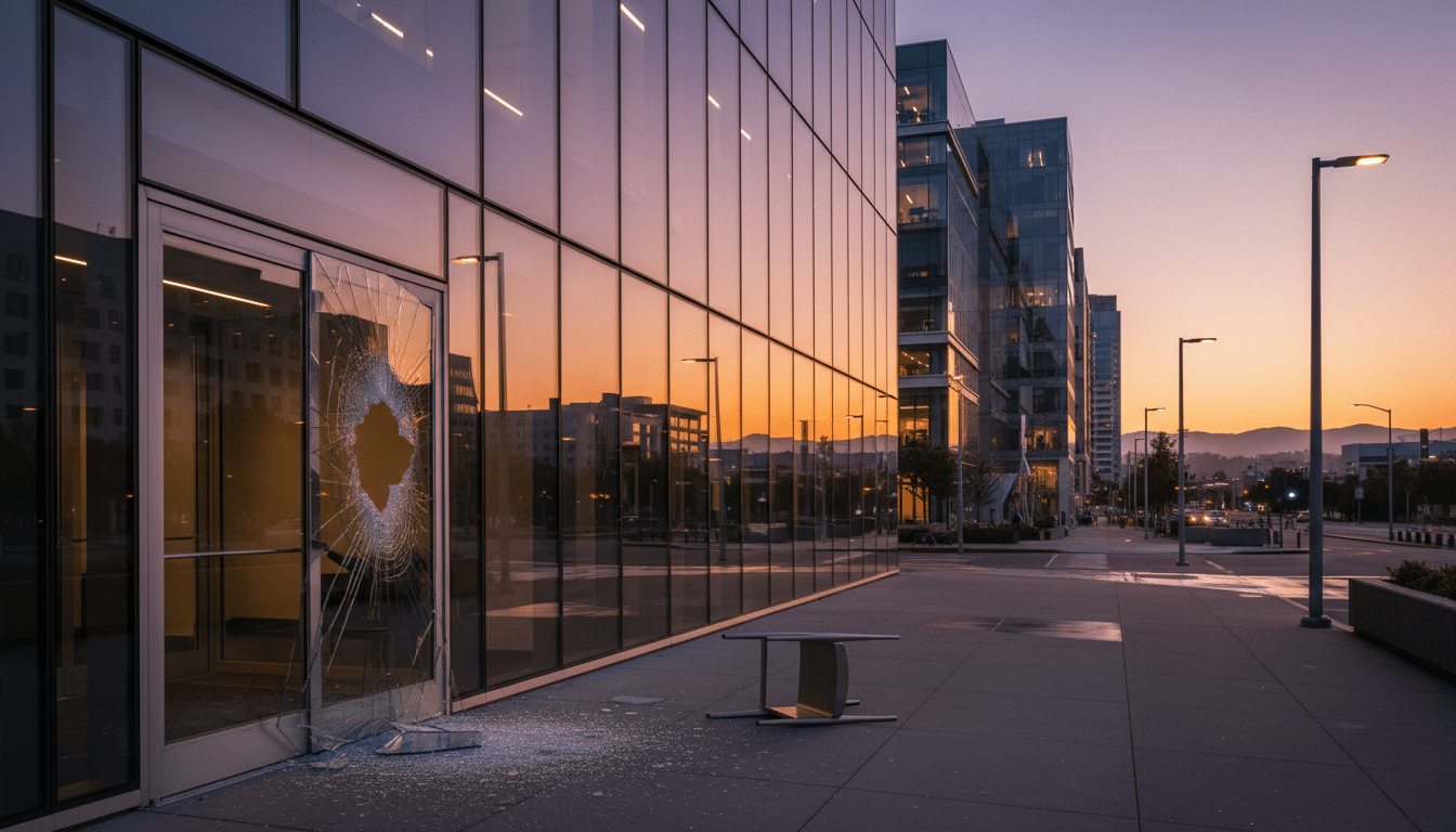 Siège d'OpenAI à San Francisco avec porte vitrée brisée