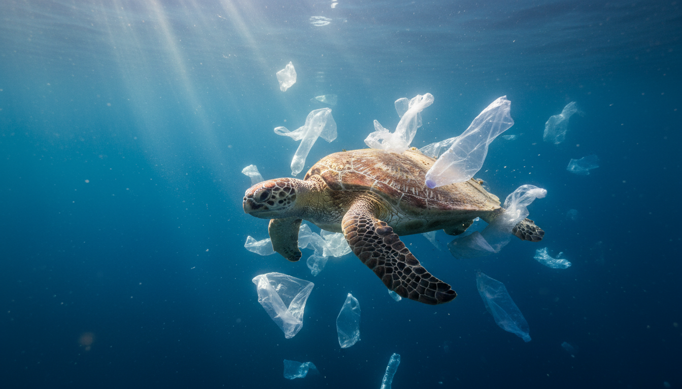 Tortue marine nageant parmi des sacs plastiques sous l'eau