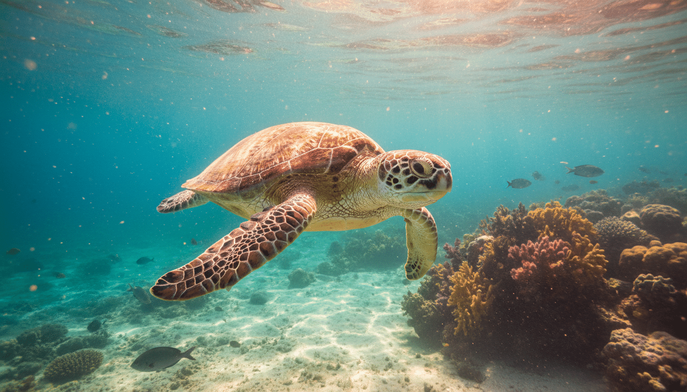 Tortue marine nageant sous les rayons dorés de l'océan