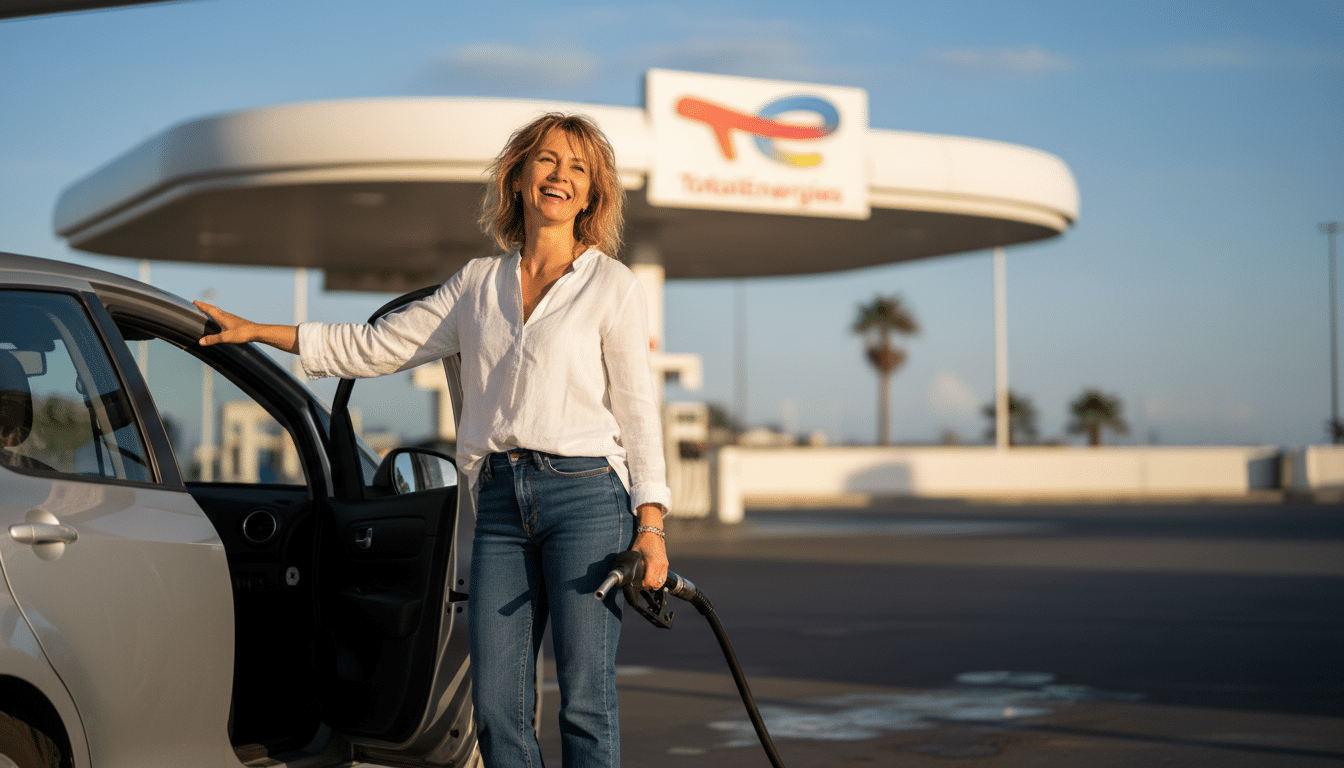 Femme souriante près de sa voiture à la pompe