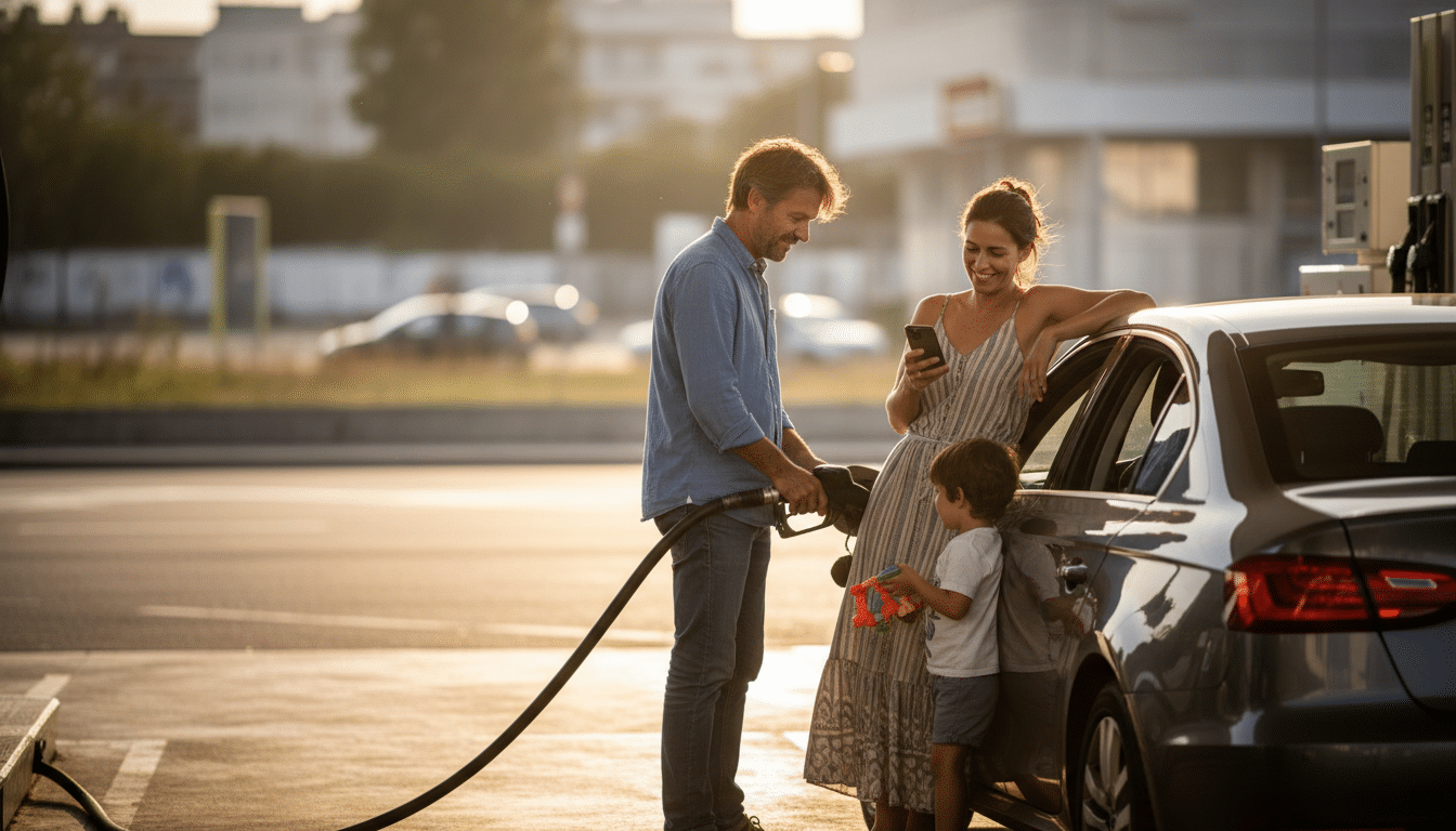 Famille française faisant le plein en station-service
