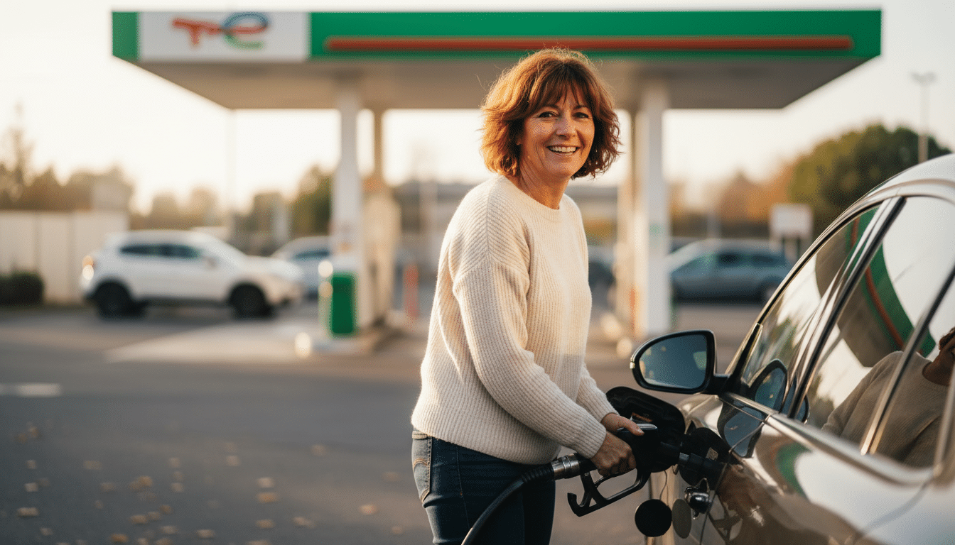 Femme souriante à la pompe TotalEnergies