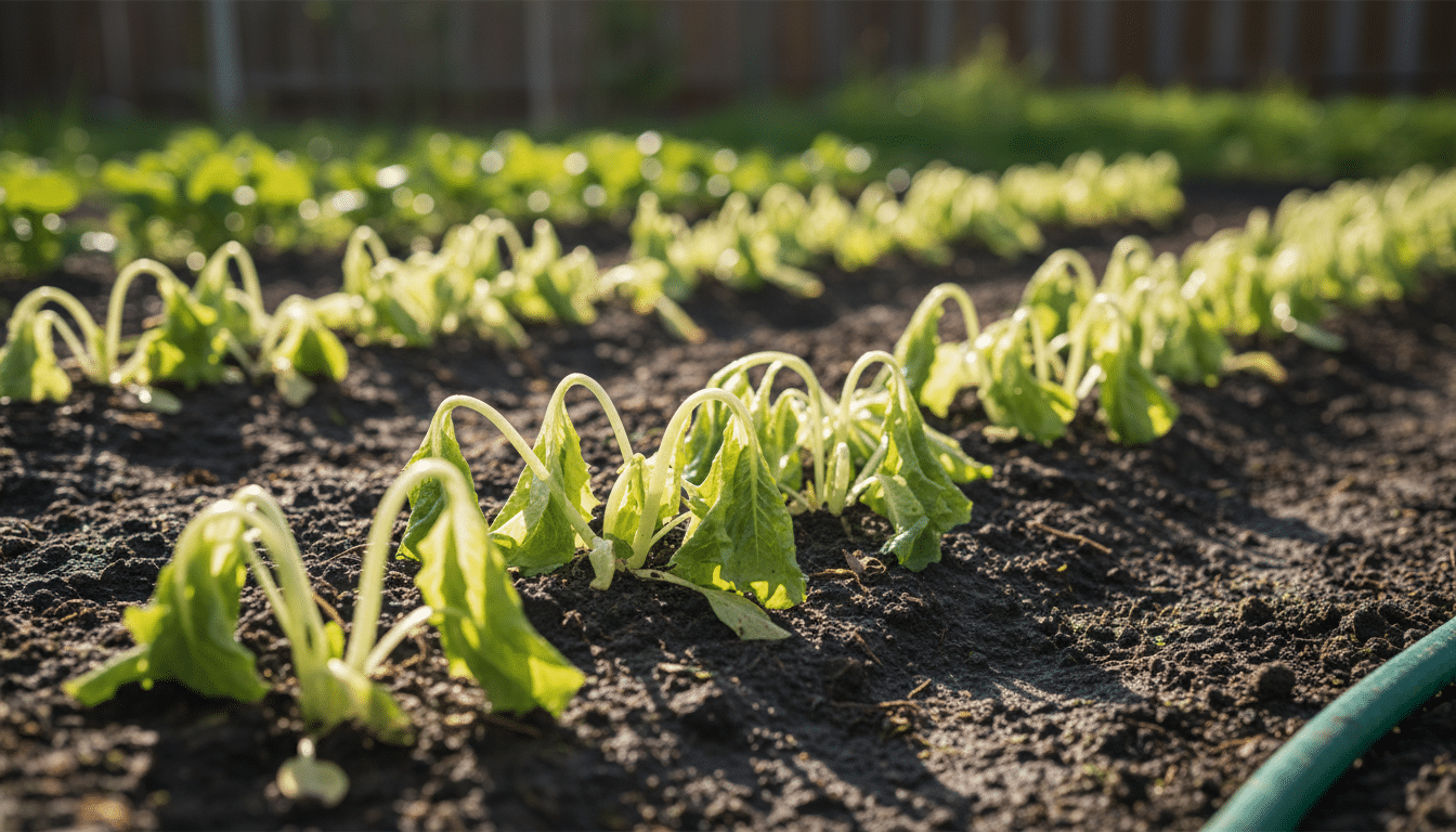 Jeunes semis de salade fanés après un arrosage trop chaud