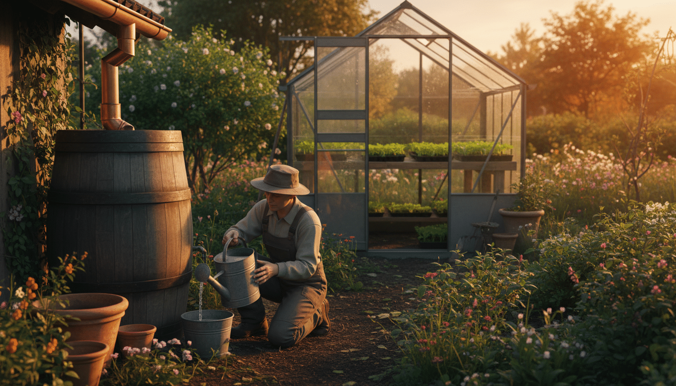 Remplissage d'un arrosoir au récupérateur d'eau de pluie le soir