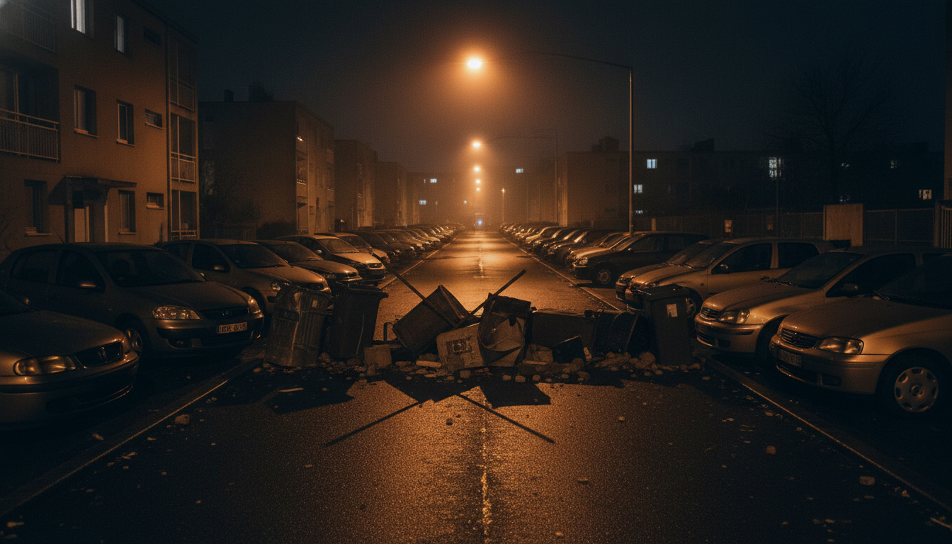 Barricade improvisée la nuit dans un quartier de Toulouse