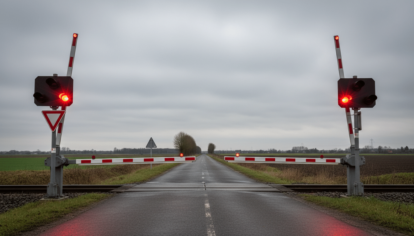 Barrières d'un passage à niveau belge fermées avec feux rouges allumés, symbolisant l'infraction commise par les 54 coureurs du Tour des Flandres