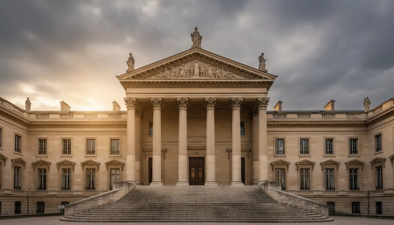 Façade d'un palais de justice français aux colonnes néoclassiques sous un ciel nuageux