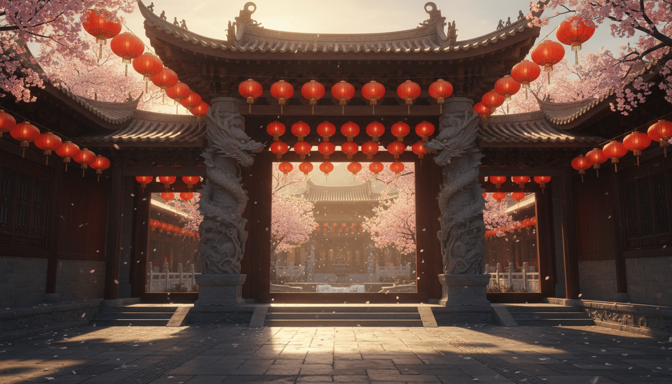 Traditional Chinese temple entrance at golden hour, red paper lanterns hanging in rows, dragon sculp