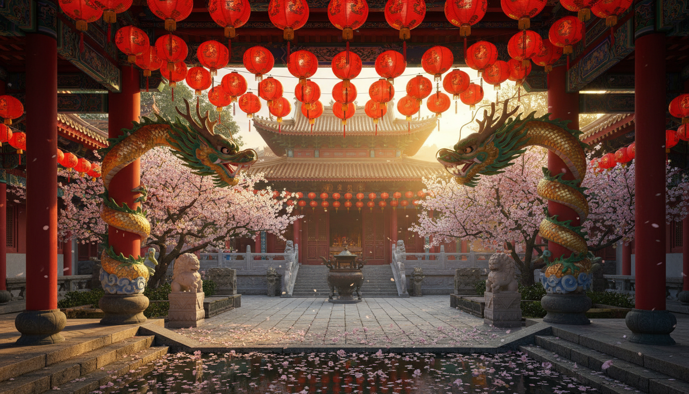 Traditional Chinese temple entrance at golden hour, red paper lanterns hanging in rows, dragon sculp