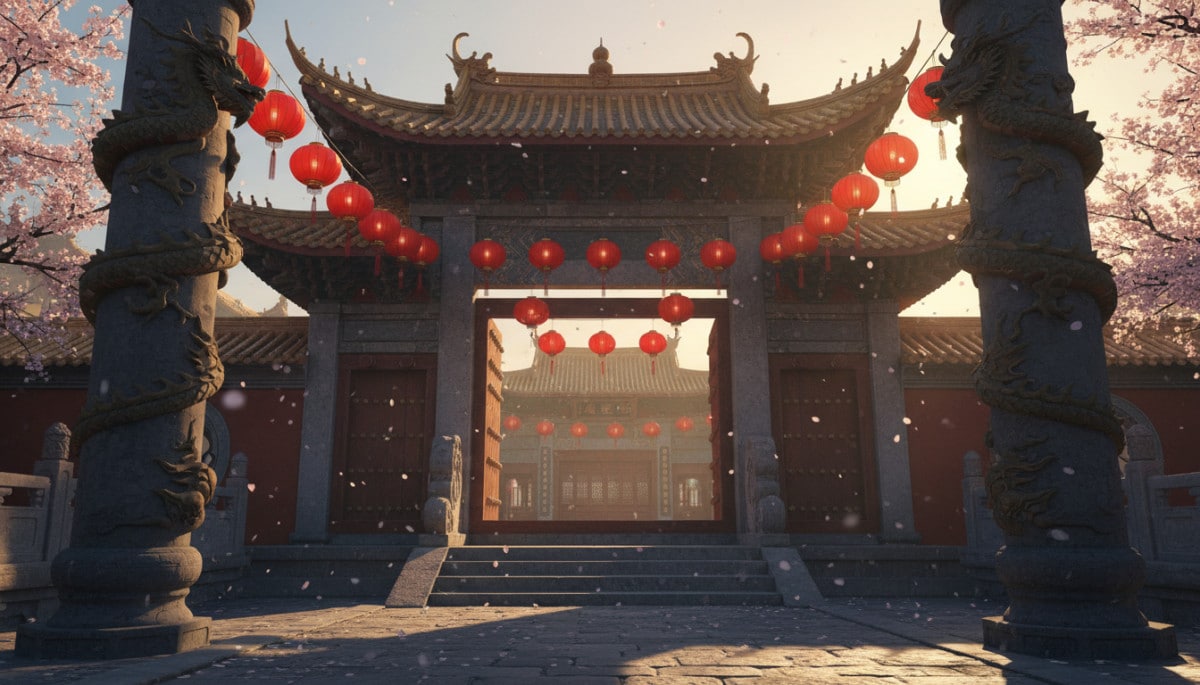 Traditional Chinese temple entrance at golden hour, red paper lanterns hanging in rows, dragon sculp