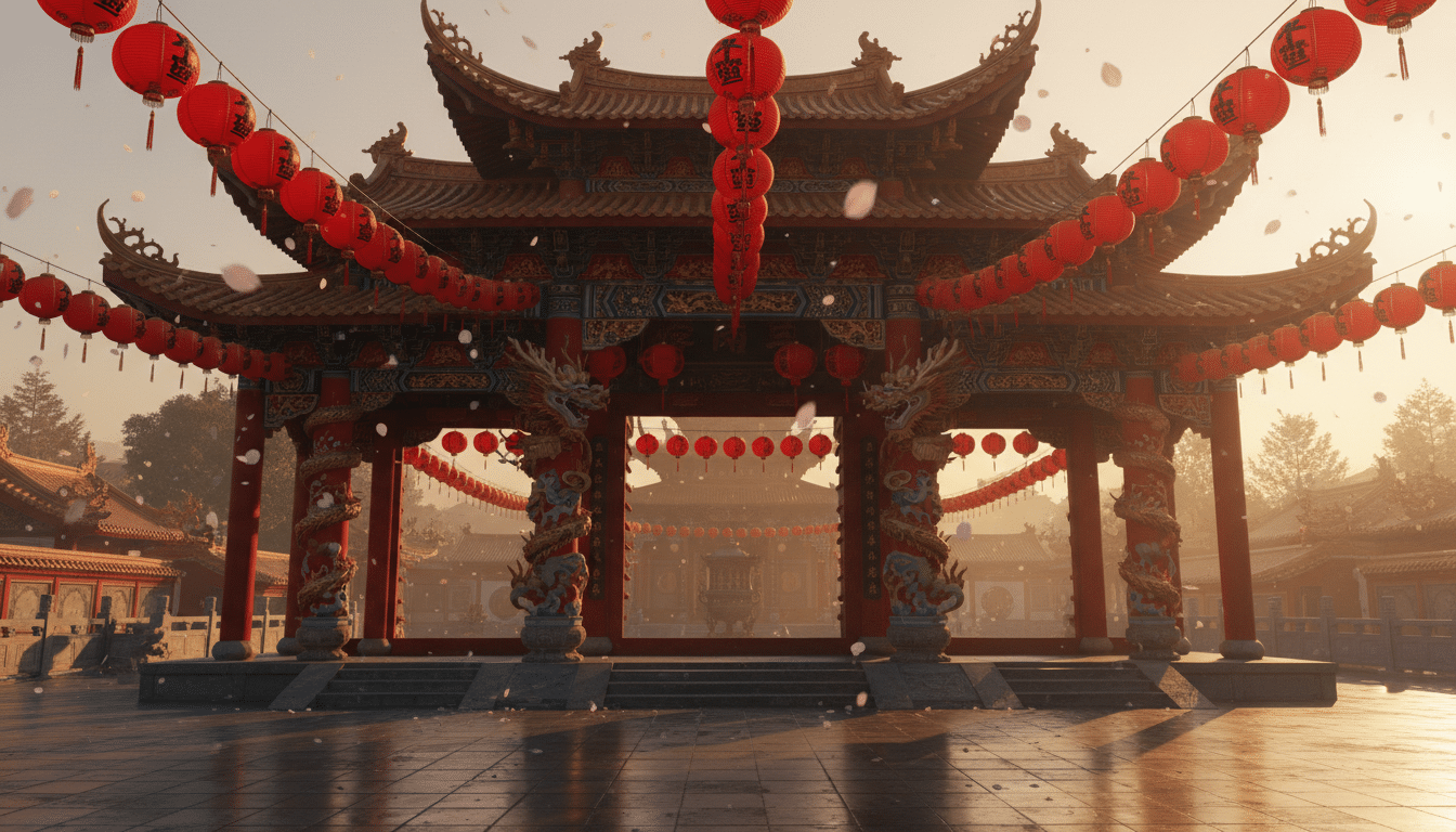 Traditional Chinese temple entrance at golden hour, red paper lanterns hanging in rows, dragon sculp