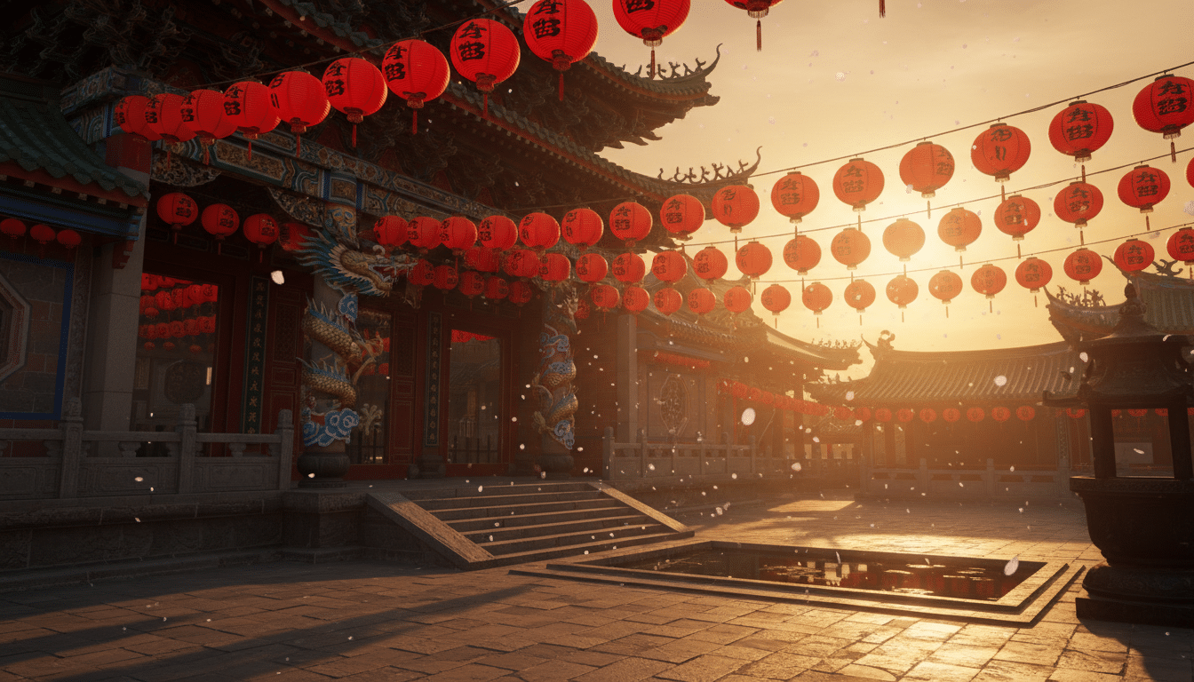 Traditional Chinese temple entrance at golden hour, red paper lanterns hanging in rows, dragon sculp