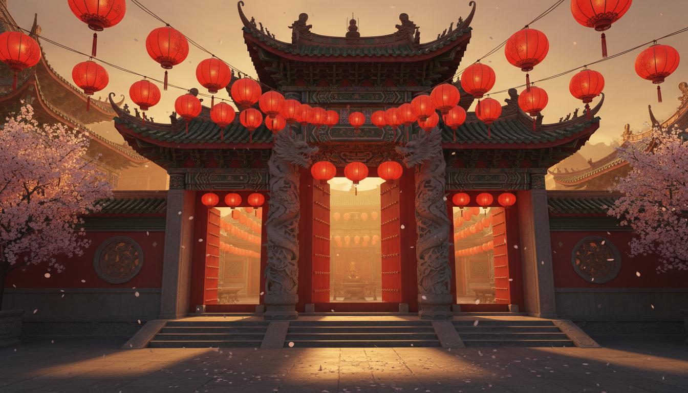 Traditional Chinese temple entrance at golden hour, red paper lanterns hanging in rows, dragon sculp