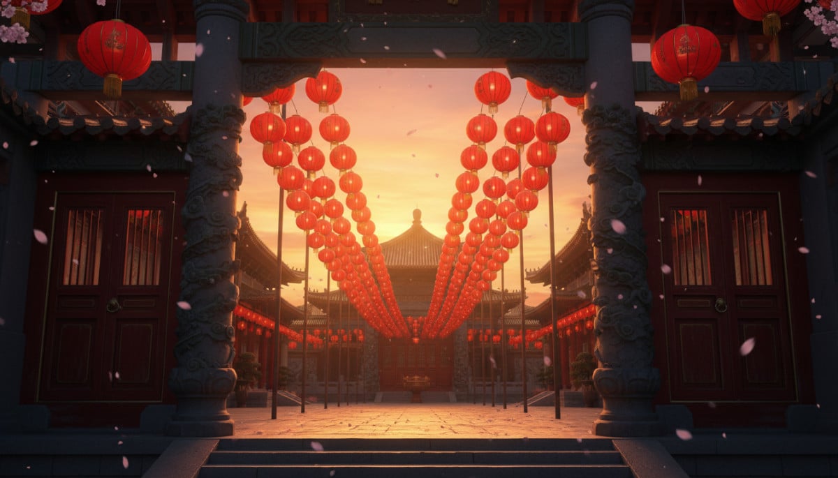 Traditional Chinese temple entrance at golden hour, red paper lanterns hanging in rows, dragon sculp