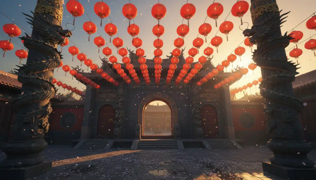 Traditional Chinese temple entrance at golden hour, red paper lanterns hanging in rows, dragon sculp