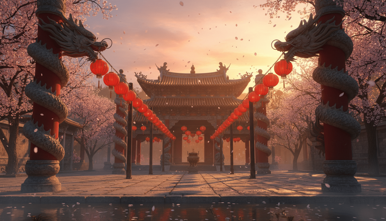 Traditional Chinese temple entrance at golden hour, red paper lanterns hanging in rows, dragon sculp