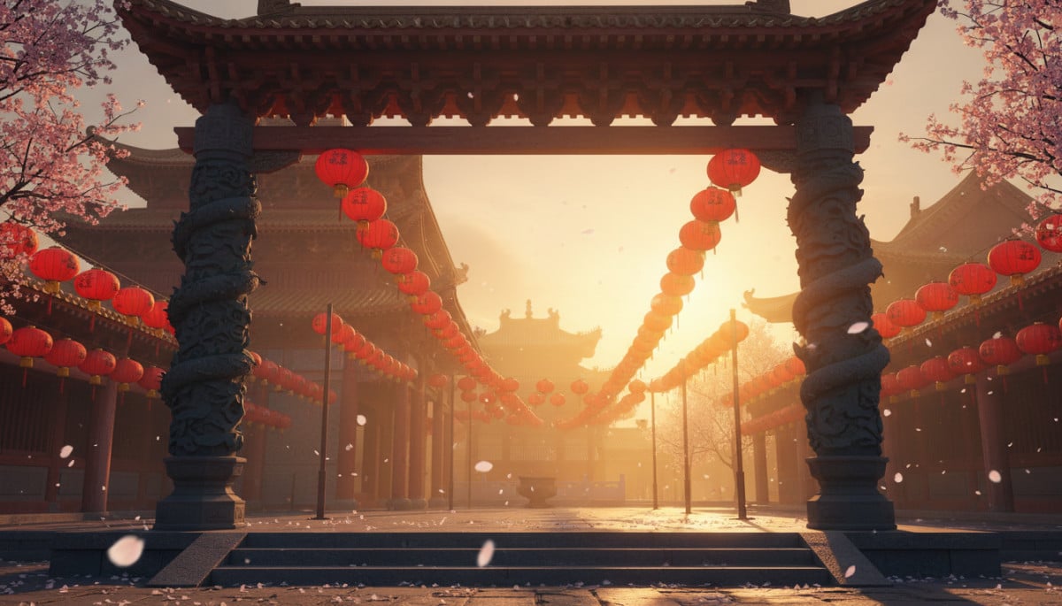 Traditional Chinese temple entrance at golden hour, red paper lanterns hanging in rows, dragon sculp