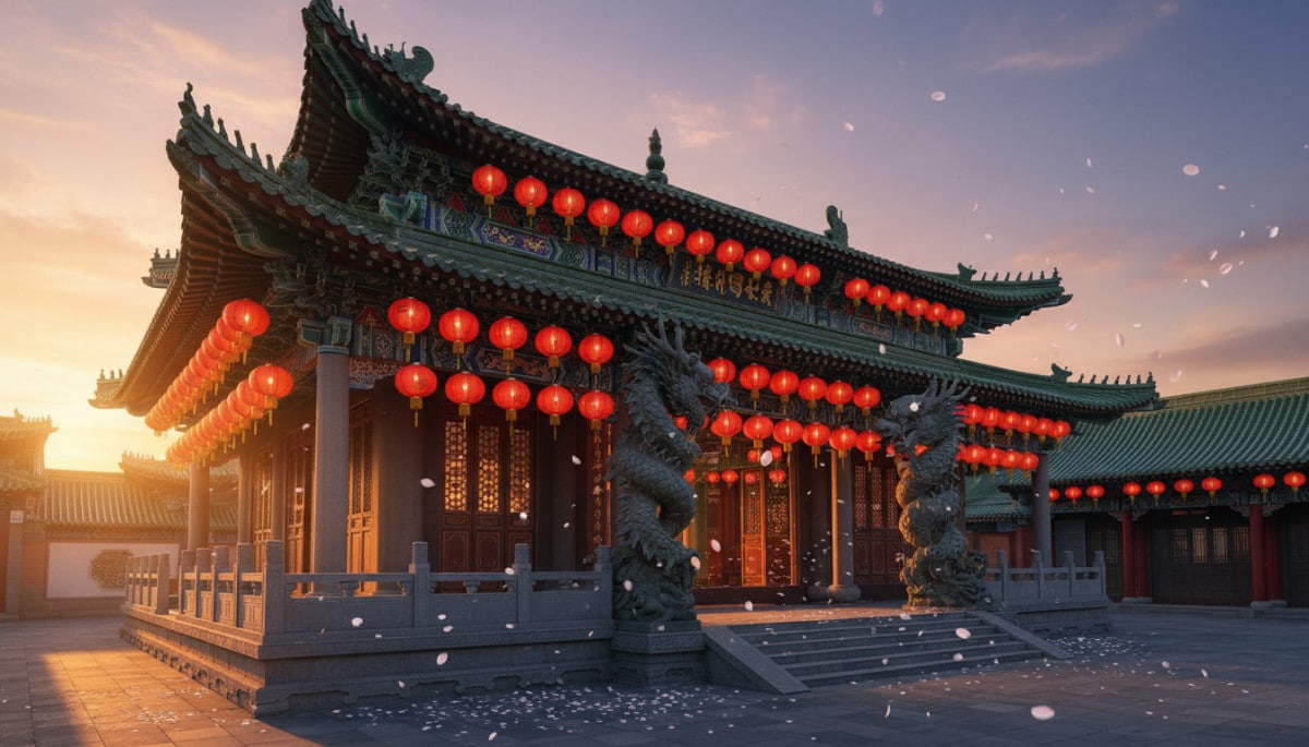 Traditional Chinese temple entrance at golden hour, red paper lanterns hanging in rows, dragon sculp