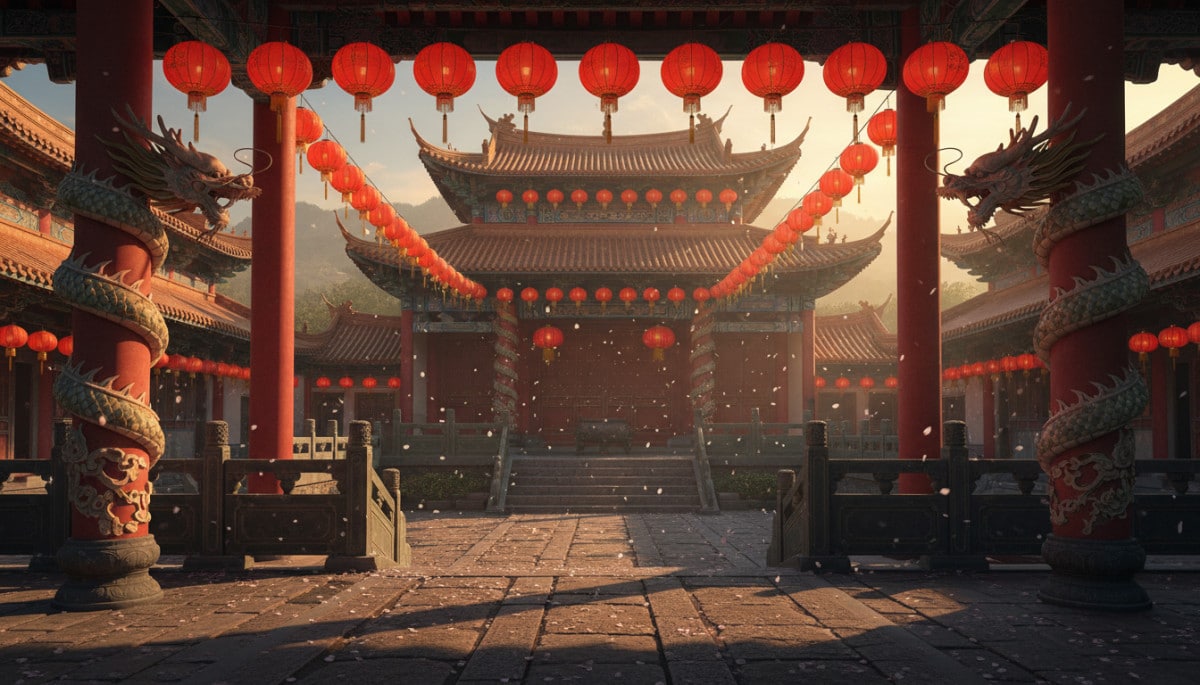 Traditional Chinese temple entrance at golden hour, red paper lanterns hanging in rows, dragon sculp