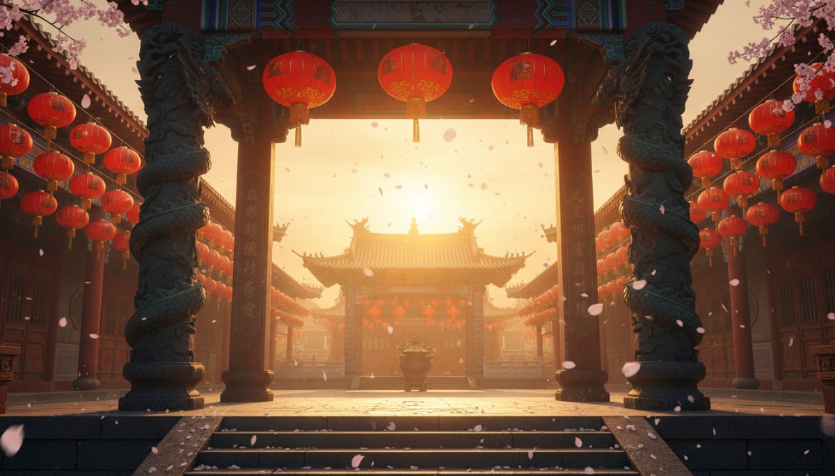 Traditional Chinese temple entrance at golden hour, red paper lanterns hanging in rows, dragon sculp