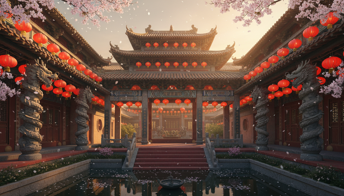 Traditional Chinese temple entrance at golden hour, red paper lanterns hanging in rows, dragon sculp