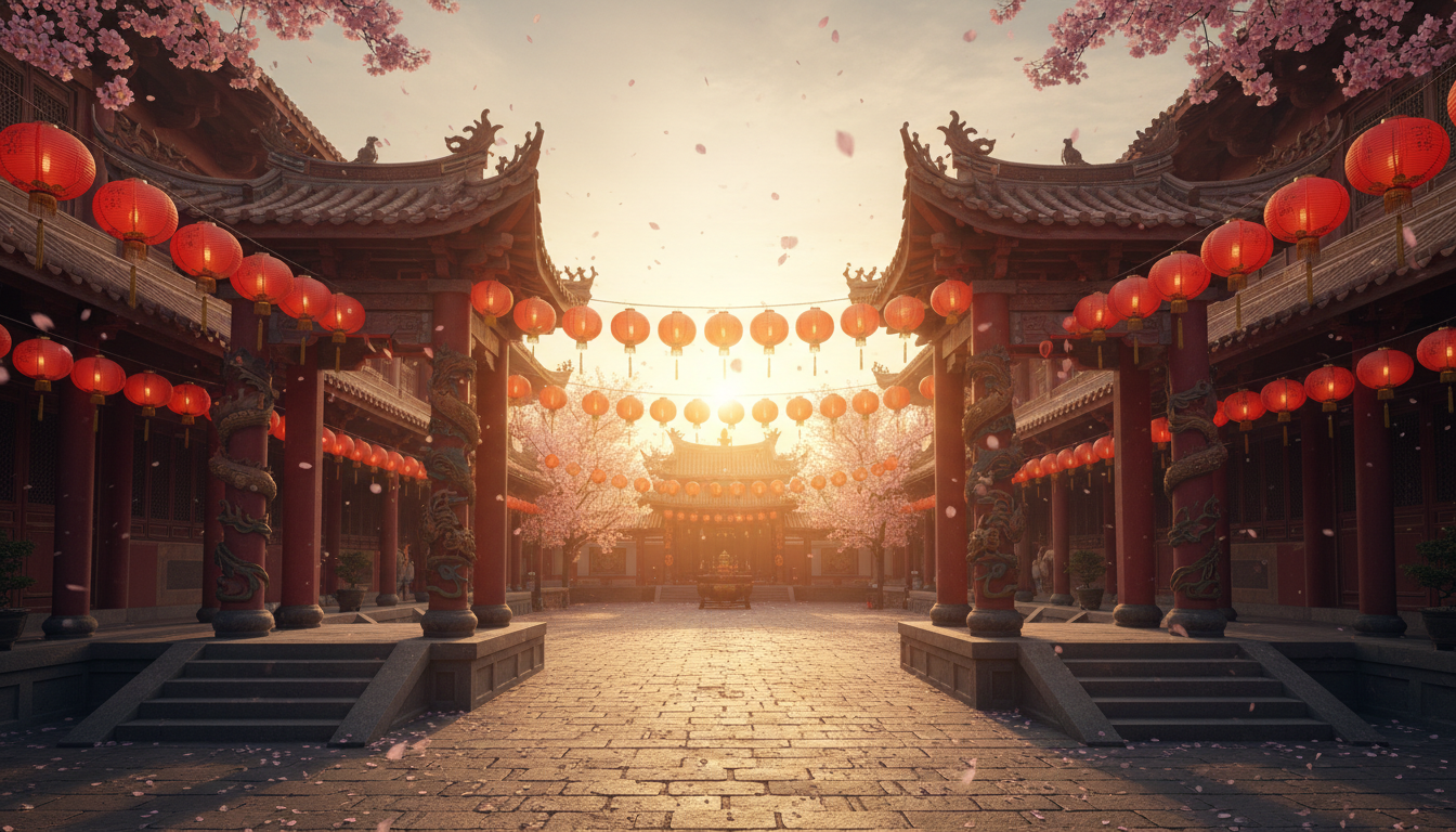 Traditional Chinese temple entrance at golden hour, red paper lanterns hanging in rows, dragon sculp