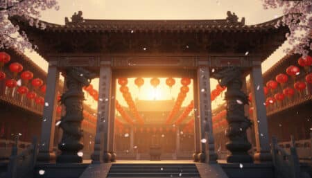 Traditional Chinese temple entrance at golden hour, red paper lanterns hanging in rows, dragon sculp