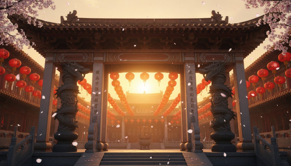 Traditional Chinese temple entrance at golden hour, red paper lanterns hanging in rows, dragon sculp