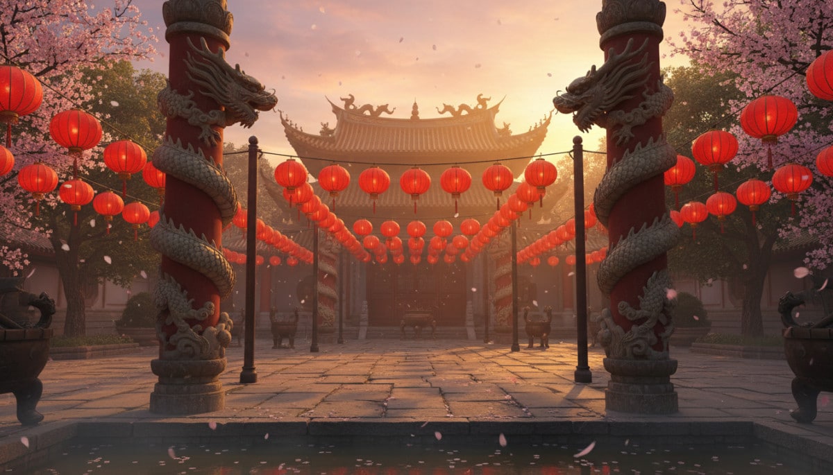 Traditional Chinese temple entrance at golden hour, red paper lanterns hanging in rows, dragon sculp