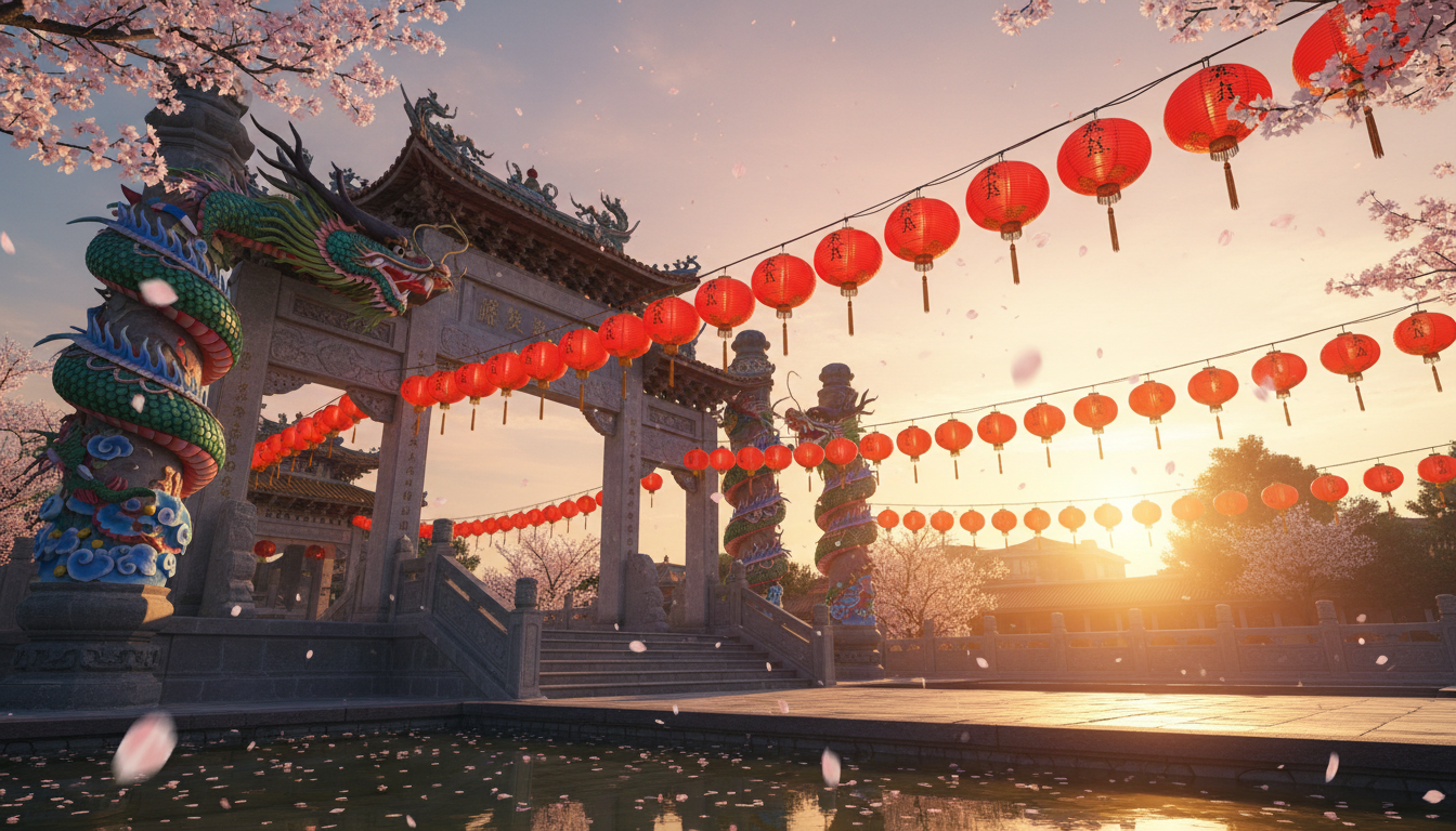 Traditional Chinese temple entrance at golden hour, red paper lanterns hanging in rows, dragon sculp