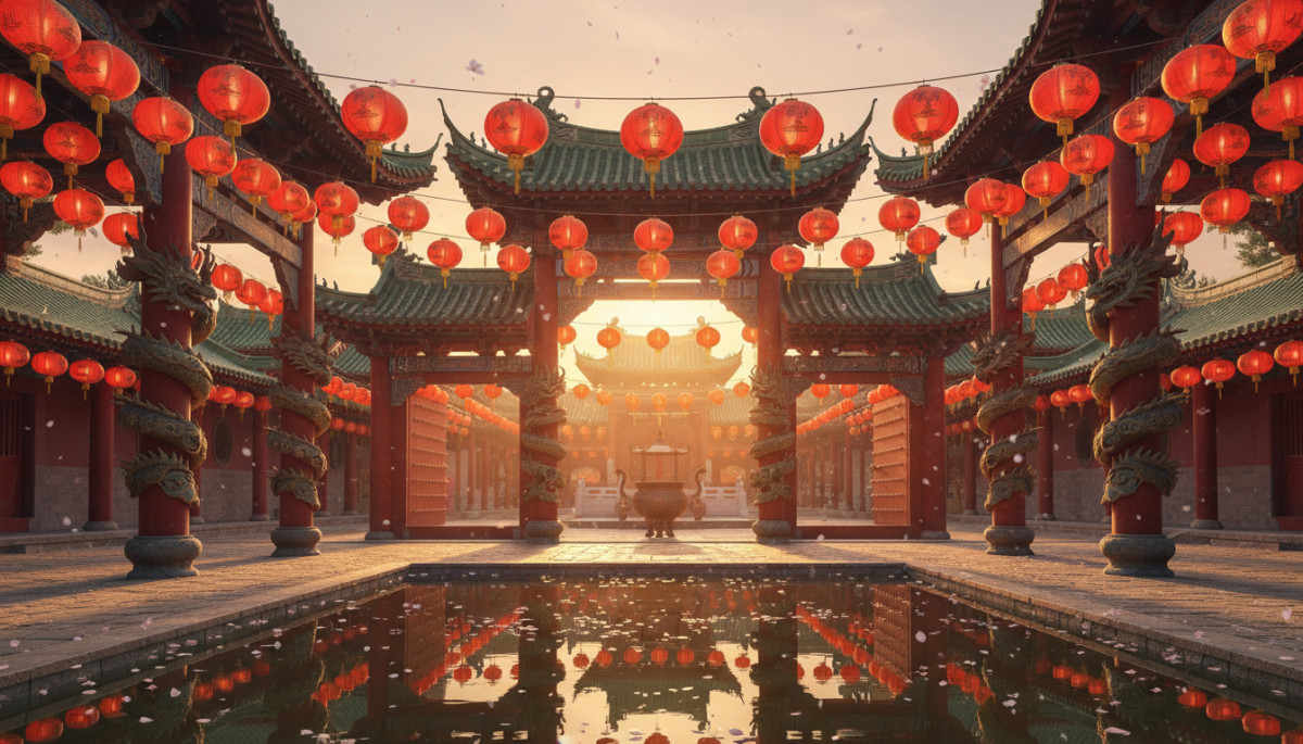 Traditional Chinese temple entrance at golden hour, red paper lanterns hanging in rows, dragon sculp